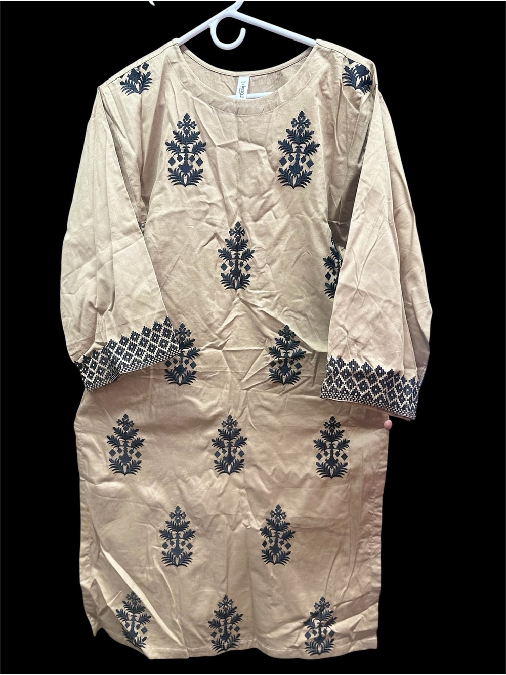 Beige Tunic Dress kurta with Black Embroidered Motifs